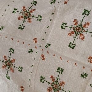 Embroidered Linen Table Cloth 38" x 41" White Green Orange Stitching